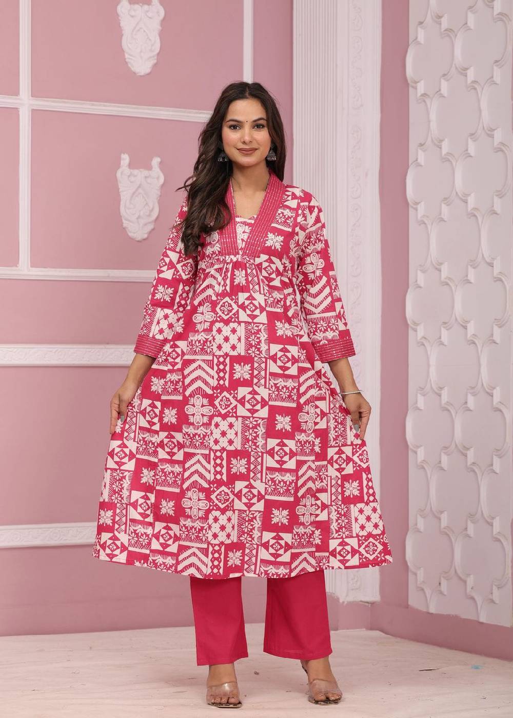 Women's Pure Cotton embroidery work neck and sleeves Pink Co-ord Set