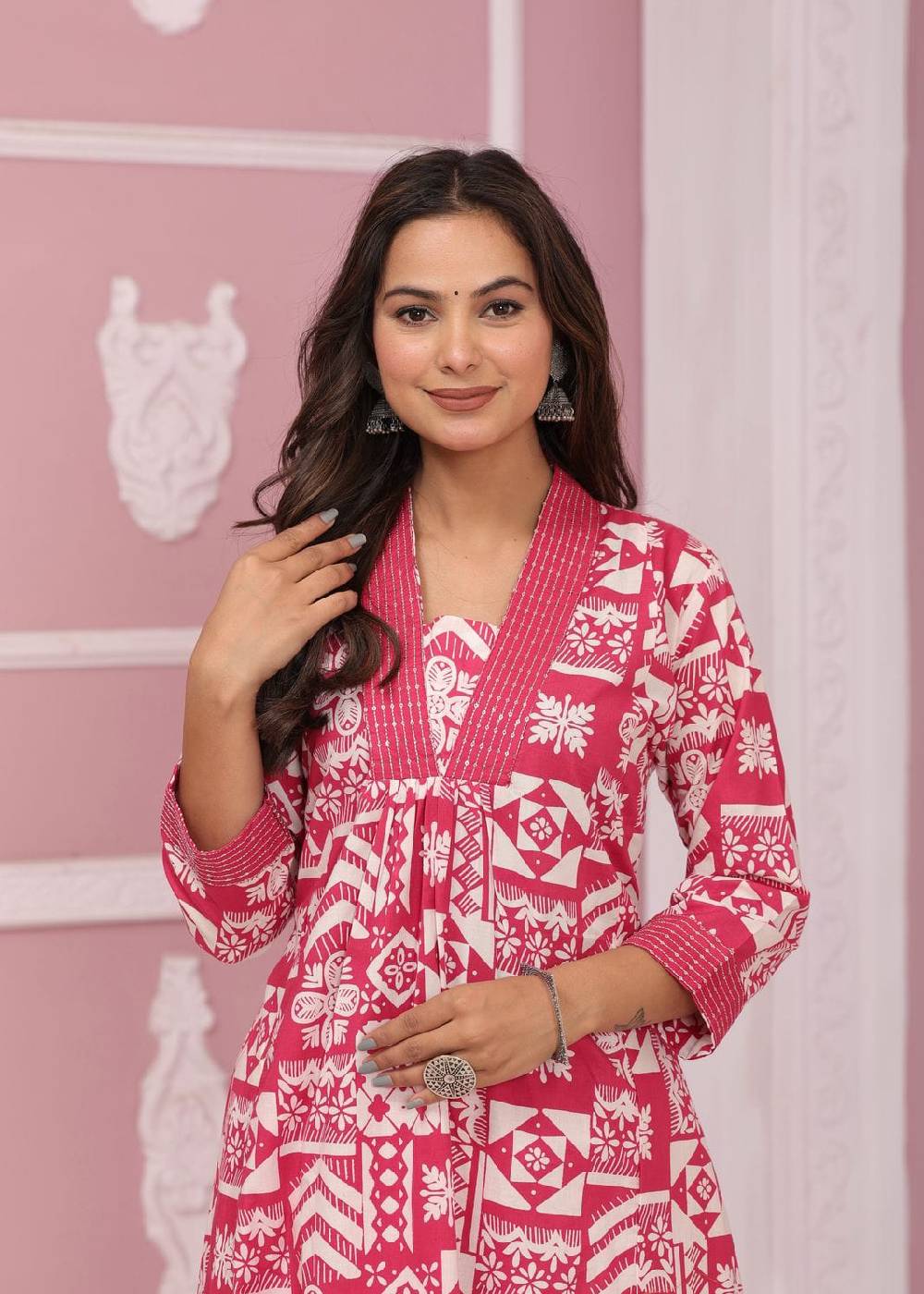 Women's Pure Cotton embroidery work neck and sleeves Pink Co-ord Set