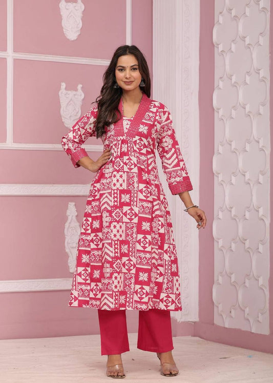 Women's Pure Cotton embroidery work neck and sleeves Pink Co-ord Set