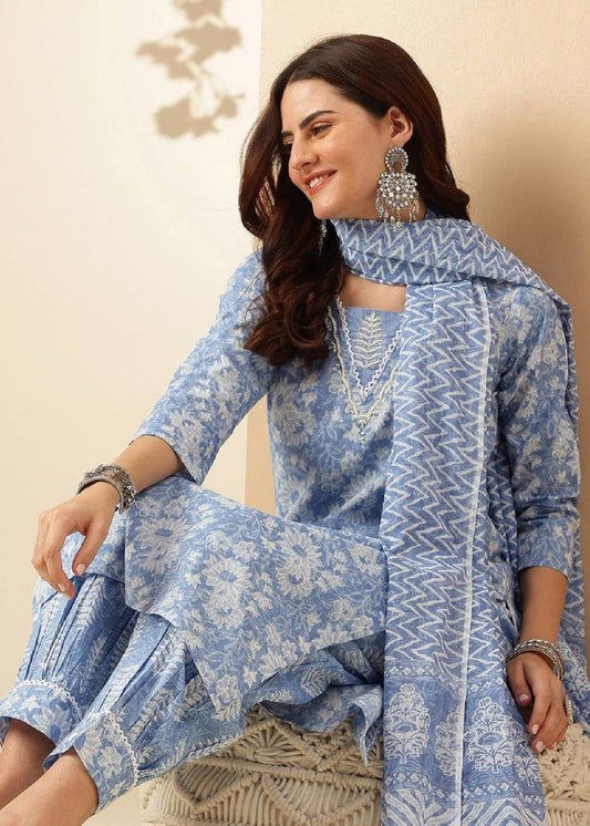 Women's Cotton Afghani Blue Kurta Set