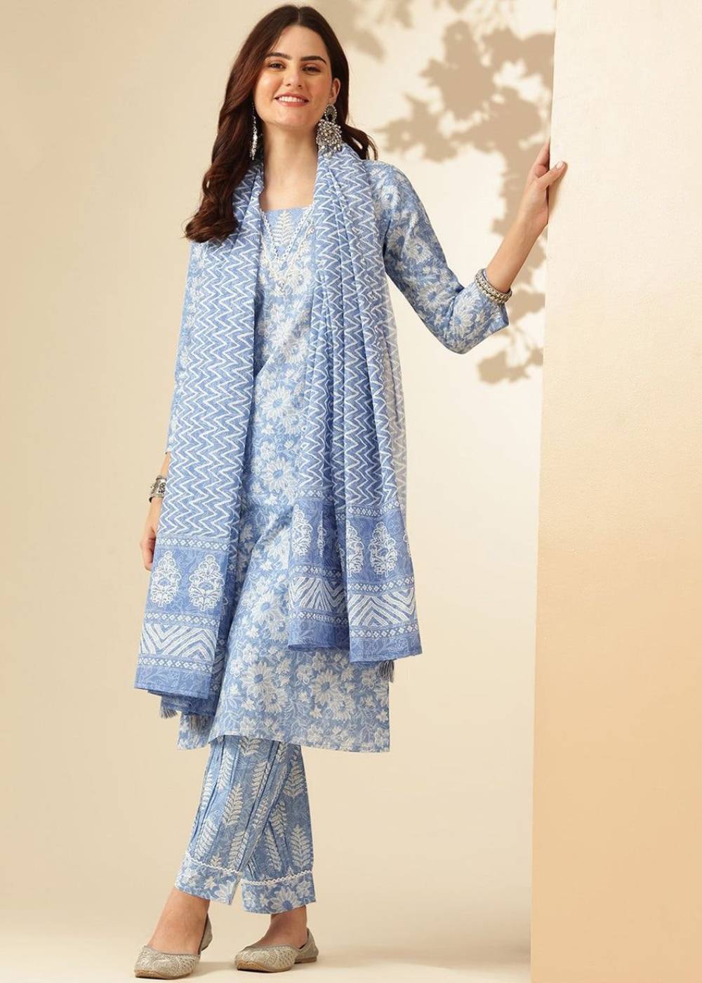 Women's Cotton Afghani Blue Kurta Set