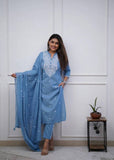 Women Embroidered Panel Worked Straight Blue Cotton Kurta Set