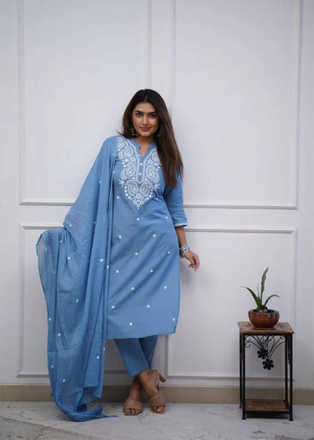 Women Embroidered Panel Worked Straight Blue Cotton Kurta Set