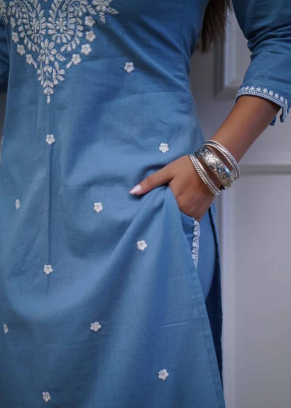 Women Embroidered Panel Worked Straight Blue Cotton Kurta Set