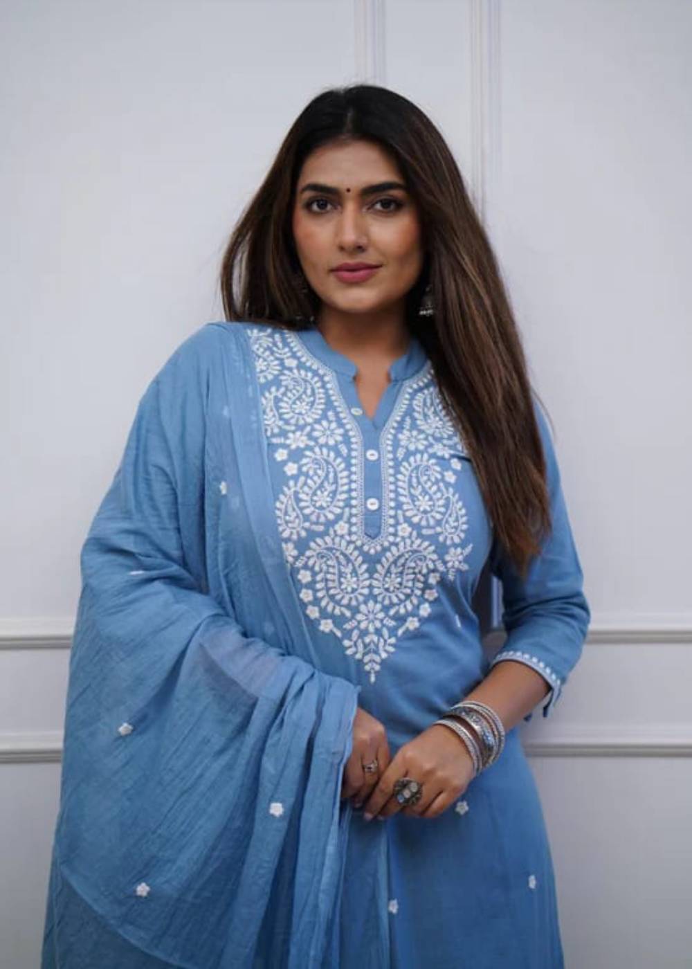 Women Embroidered Panel Worked Straight Blue Cotton Kurta Set