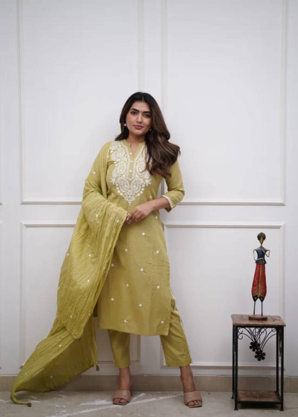 Women's Embroidered Panel Worked Straight Yellow Pure Cotton Kurta Set