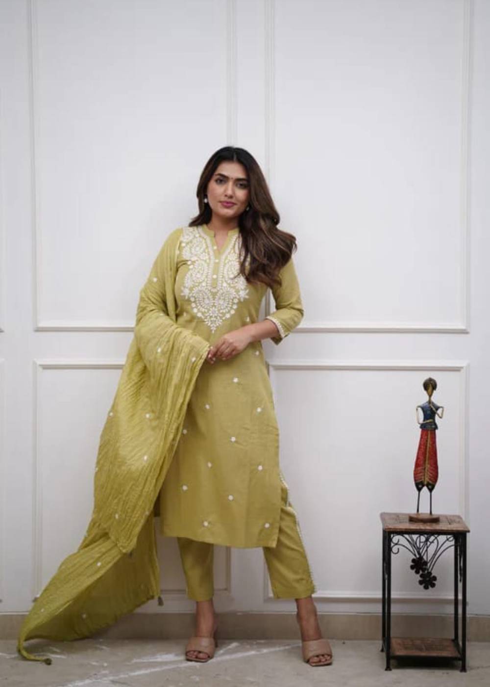 Women's Embroidered Panel Worked Straight Yellow Pure Cotton Kurta Set