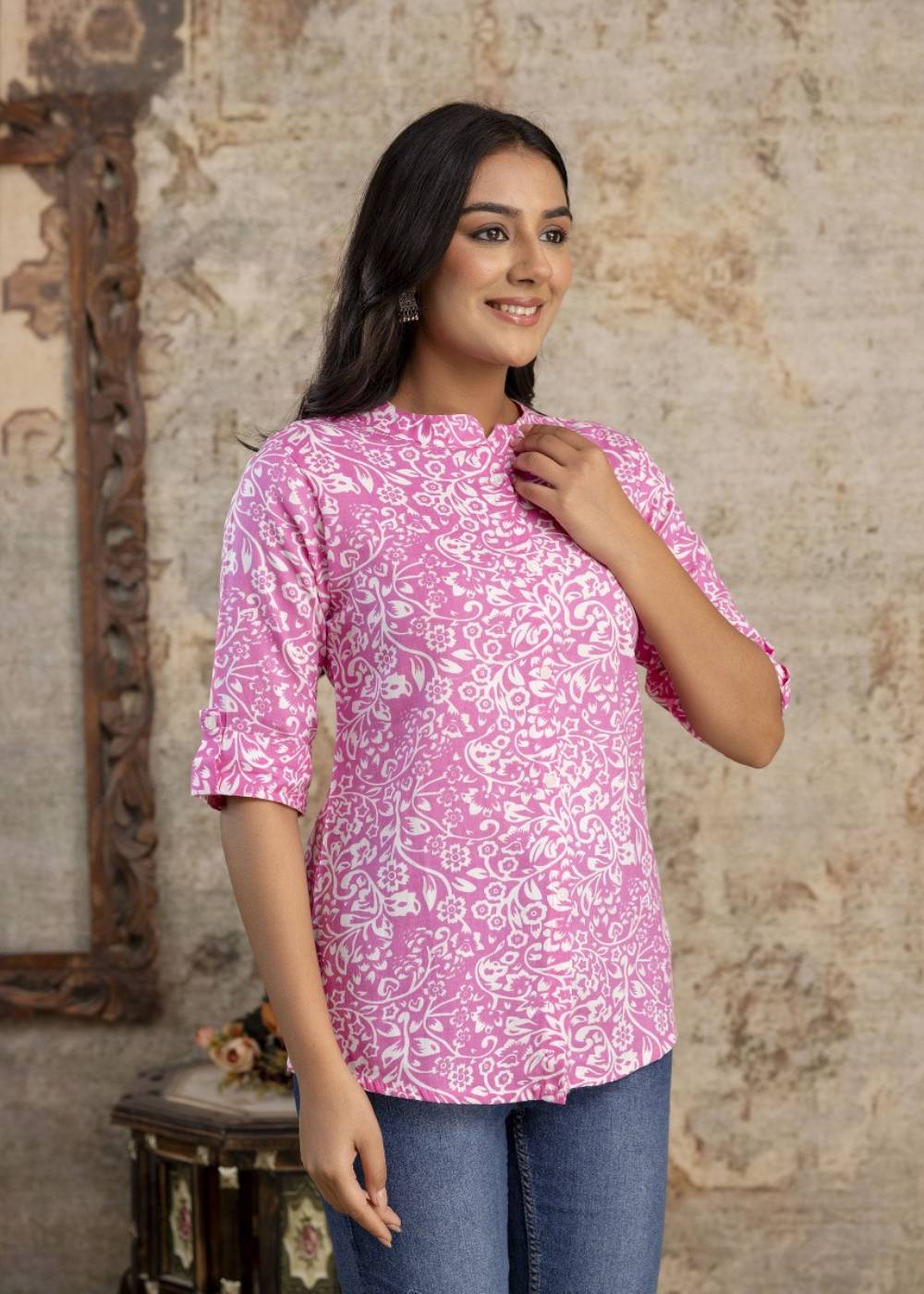 Women's Floral Print Pink Kurti