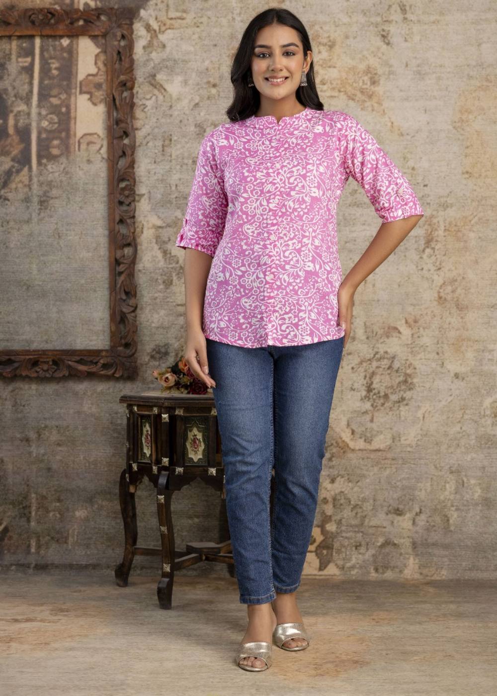 Women's Floral Print Pink Kurti