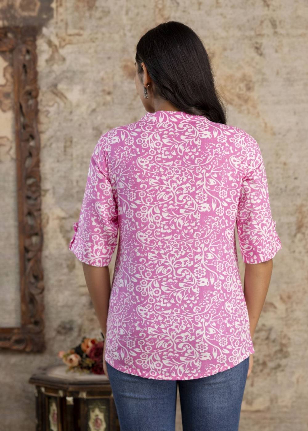 Women's Floral Print Pink Kurti