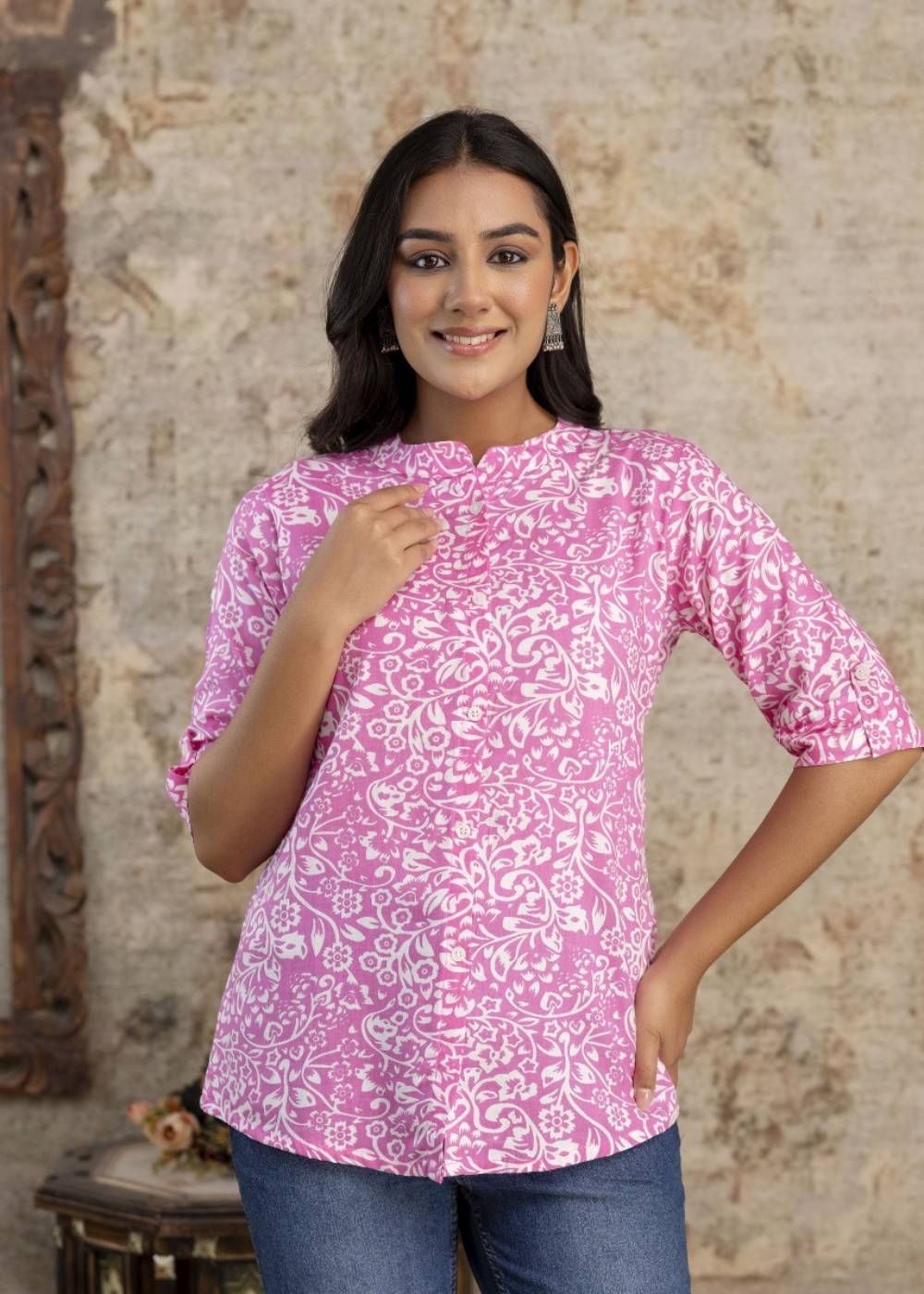 Women's Floral Print Pink Kurti