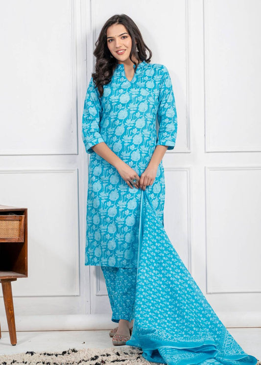 Women's Piyaa Blue Pure Cotton Suit Set