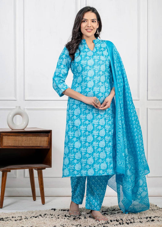 Women's Piyaa Blue Pure Cotton Suit Set