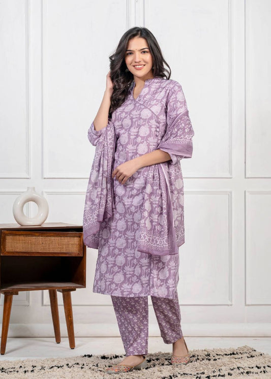 Women's Piyaa Purple Pure Cotton Suit Set