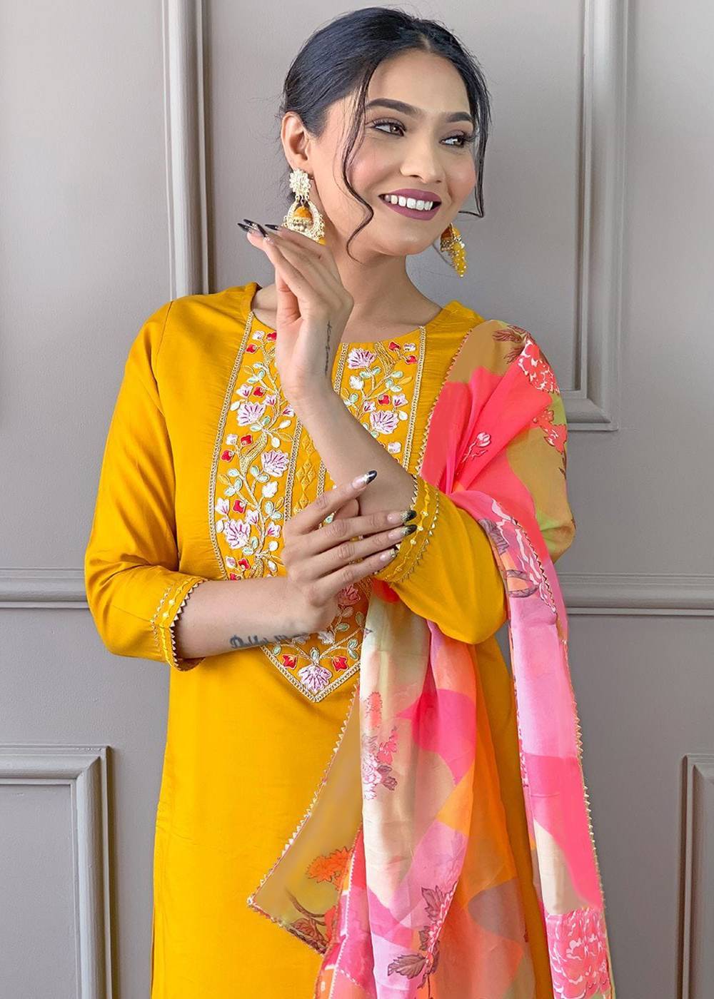 Women's Begum yellow Premium Silk Kurta Set