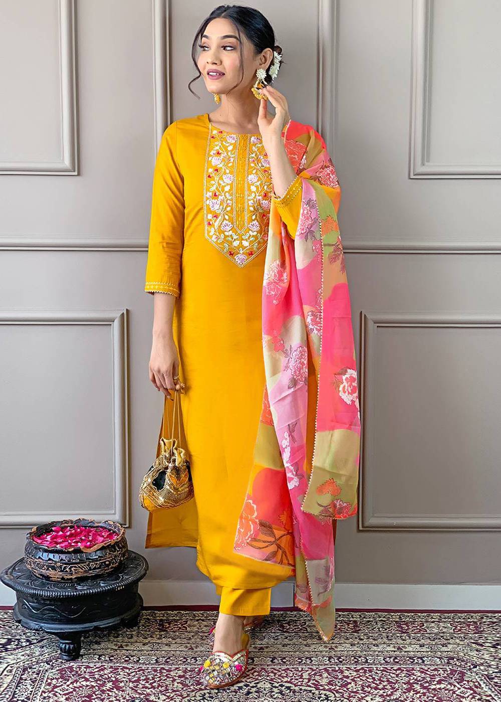 Women's Begum yellow Premium Silk Kurta Set